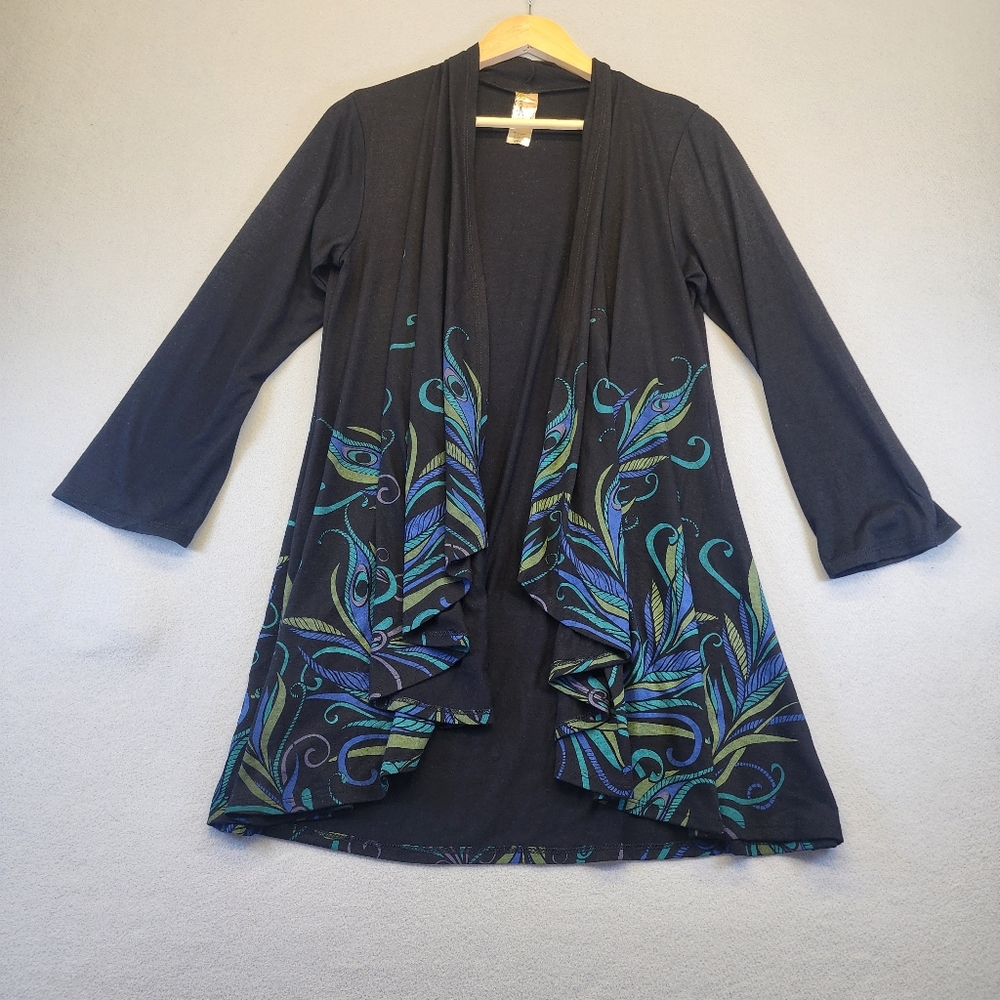 Women’s Black Open Front Cardigan with Teal & Purple Print